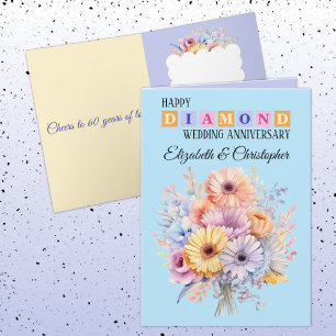 Tarjeta Feliz aniversario de Diamante nombres flores azule