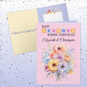 Tarjeta Feliz aniversario de Diamante nombres flores rosad