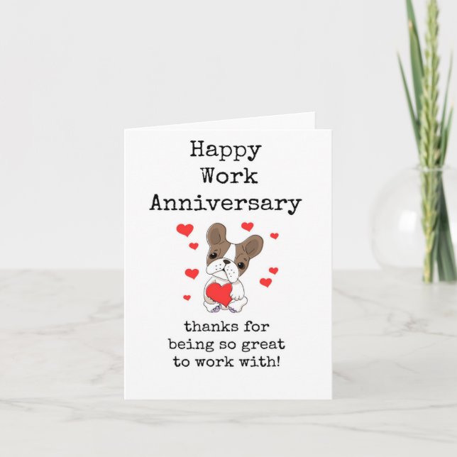 Tarjeta Feliz aniversario de trabajo, gracias, perro lindo (Anverso)