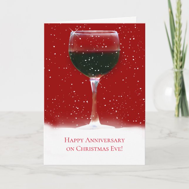 Tarjeta Feliz aniversario de víspera de Navidades con vino (Anverso)