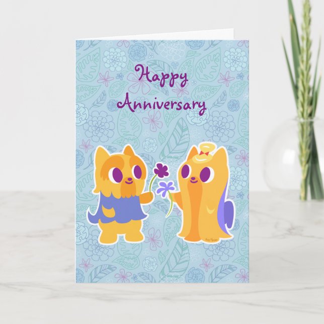 Tarjeta Feliz aniversario Kawaii Dog Puppy Love Yorkies (Anverso)