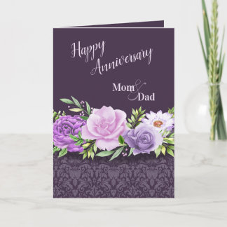 Tarjeta Feliz aniversario mamá y papá Rosas púrpura Damasc