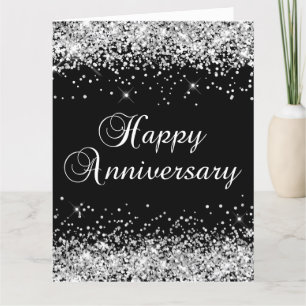 Tarjeta Feliz Aniversario Negro con Brillo Plateado
