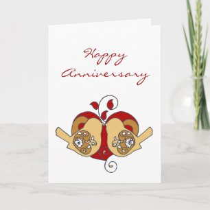Tarjeta Feliz Aniversario Pájaros del Amor con Corazón Flo