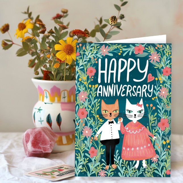 Tarjeta Feliz Aniversario Par perfecto Cats Floral (Happy Anniversary Purr-fect Pair Cute Cats Floral Handmade Card
)