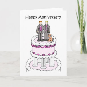 Tarjeta Feliz Aniversario Pareja Gay Con Perro en la Torta