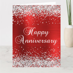 Tarjeta Feliz Aniversario Plata Brillante Rojo
