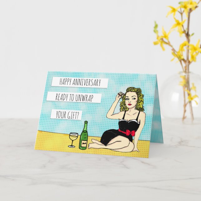 Tarjeta Feliz aniversario, Sexy Flirty Retro Lady in Bow (flor amarilla)