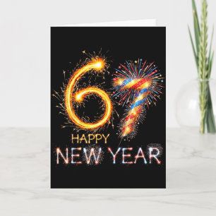 Tarjeta Feliz Año Nuevo 2026 67 cumpleaños Fuegos artifici