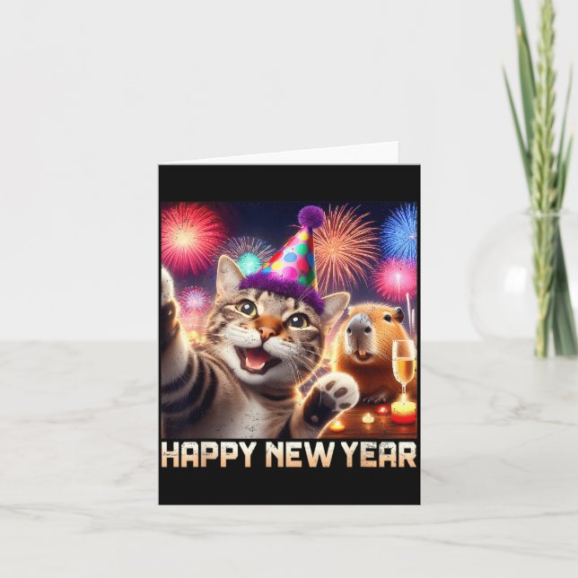 Tarjeta Feliz Año Nuevo 2026 Arte de Fiesta de Gato Lindo  (Anverso)