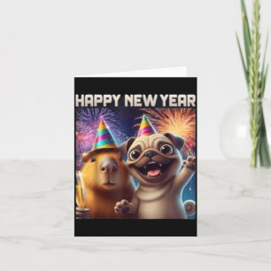 Tarjeta Feliz Año Nuevo 2026 Arte de Fiesta de Pug de Capy