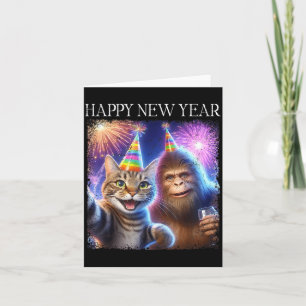 Tarjeta Feliz Año Nuevo 2026 Arte divertido de gato Bigfoo