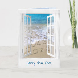 Tarjeta Feliz Año Nuevo 2026 Beach Window