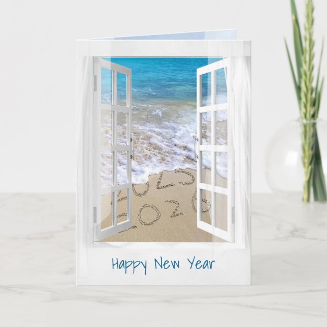 Tarjeta Feliz Año Nuevo 2026 Beach Window (Anverso)