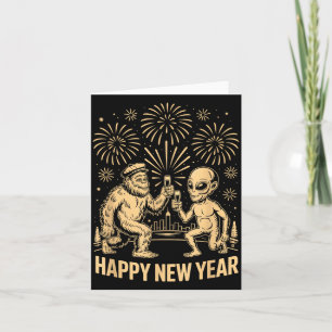 Tarjeta Feliz Año Nuevo 2026 Bigfoot Divertido y Amantes d