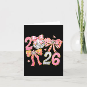 Tarjeta Feliz Año Nuevo 2026 Bola de Disco Coquette Lazo A