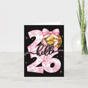 Tarjeta Feliz Año Nuevo 2026 Bola de Disco Lazo Nochevieja