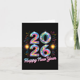 Tarjeta Feliz Año Nuevo 2026 Bola de Disco Retro Familiar 