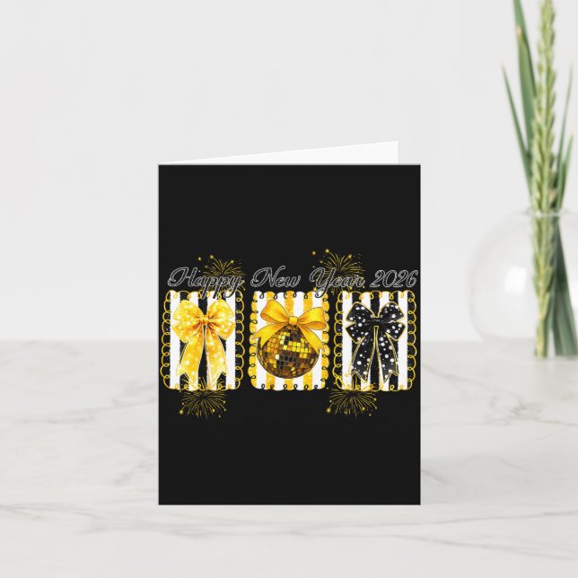 Tarjeta Feliz Año Nuevo 2026 Bola de Discoteca Dorada Lazo (Anverso)