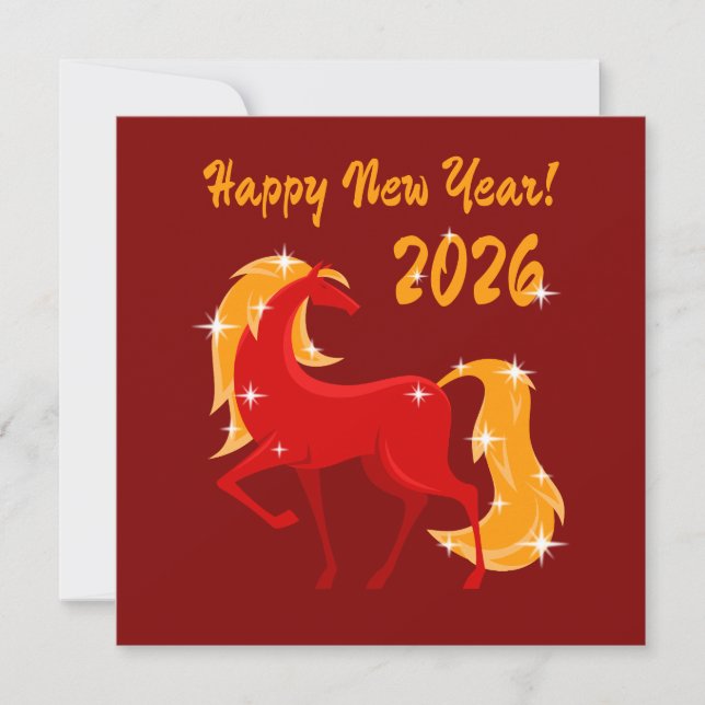Tarjeta Feliz Año Nuevo 2026, caballo de bomberos, zodiaco (Anverso)
