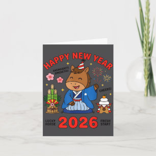Tarjeta Feliz Año Nuevo 2026 Caballo Lindo Celebración Jap