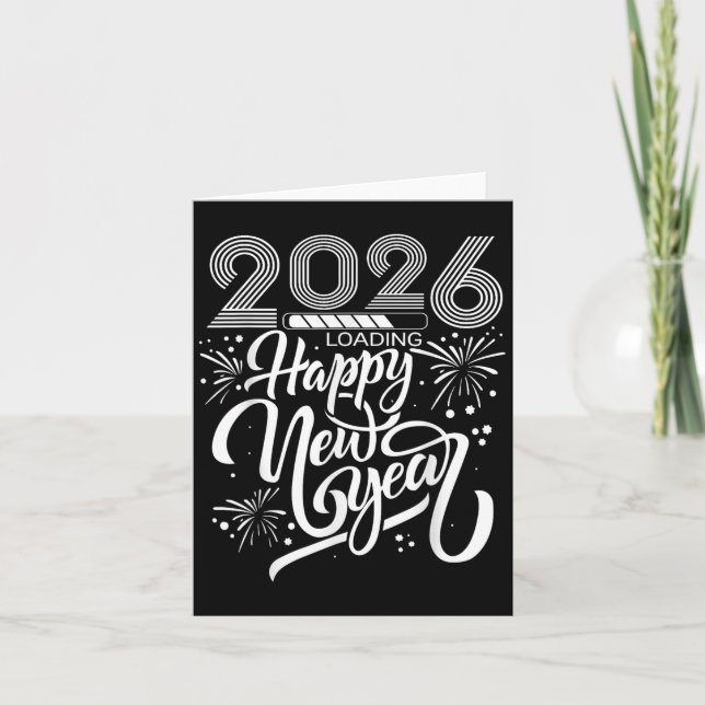 Tarjeta Feliz Año Nuevo 2026 cargando fuegos artificiales  (Anverso)