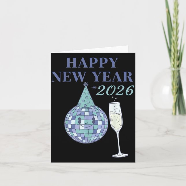 Tarjeta Feliz Año Nuevo 2026 Celebración de Bola Disco  (Anverso)