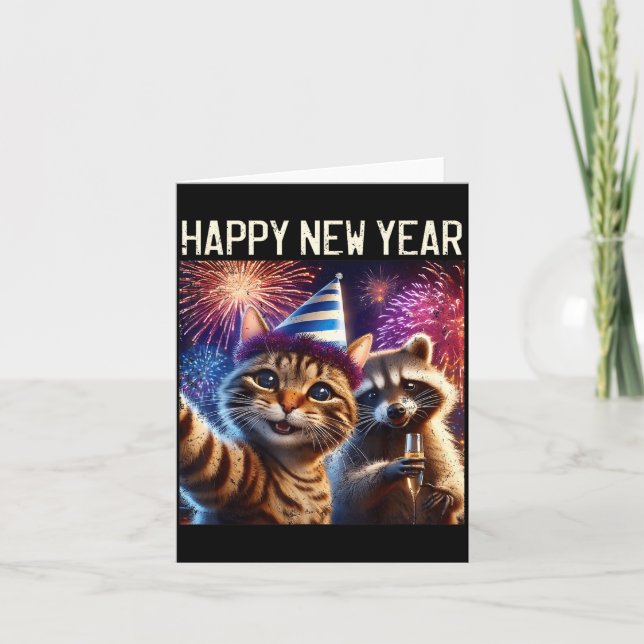 Tarjeta Feliz Año Nuevo 2026 Celebración de Gato Mapache L (Anverso)