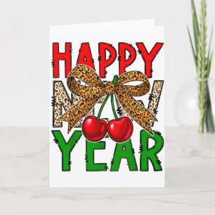 Tarjeta Feliz Año Nuevo 2026 Cerezas & Coqueta Leopardo