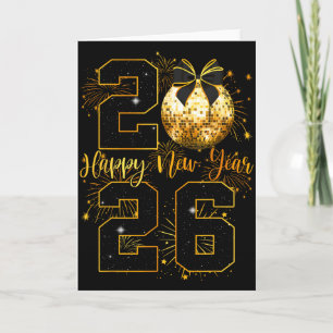 Tarjeta Feliz Año Nuevo 2026 Coquette Bow Disco Ball Año N