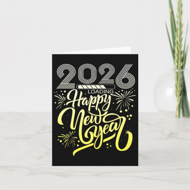 Tarjeta Feliz Año Nuevo 2026, fuegos artificiales cargando (Anverso)