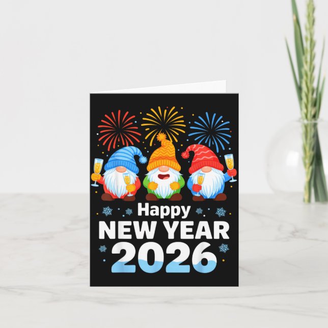 Tarjeta Feliz Año Nuevo 2026 Gnomo Con Fuegos Artificiales (Anverso)