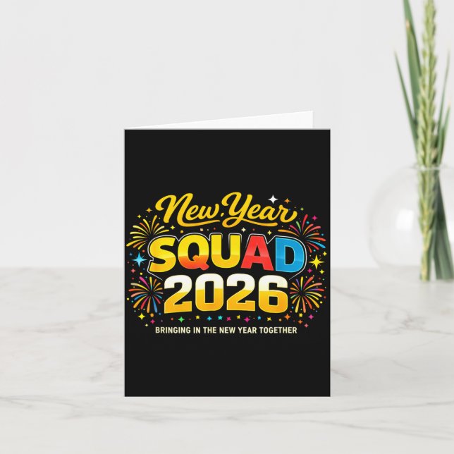 Tarjeta Feliz Año Nuevo 2026 Squad Crew Fuegos Artificiale (Anverso)