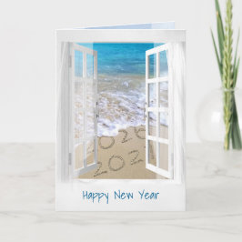 Tarjeta Feliz Año Nuevo 2027 Ventana de Playa