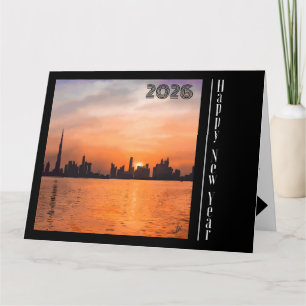 Tarjeta Feliz Año Nuevo - Atardecer en una ciudad costera