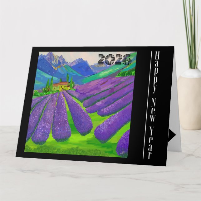 Tarjeta Feliz Año Nuevo - Campos de Lavanda frente al mont (Anverso)