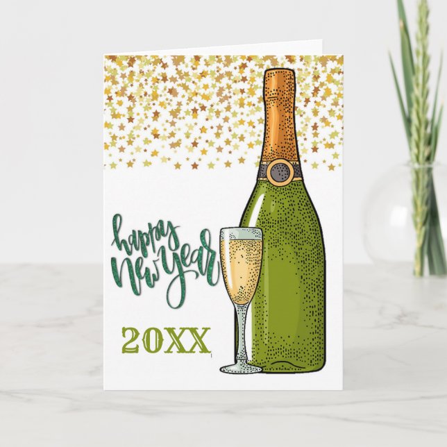 Tarjeta Feliz Año Nuevo Champagne y estrellas del oro (Anverso)
