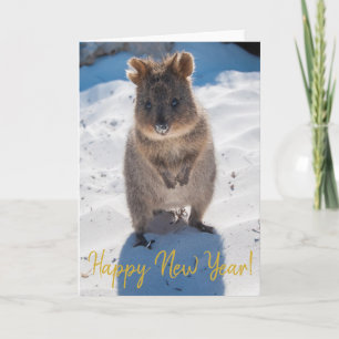 Tarjeta Feliz Año Nuevo con Quokka en la playa de Australi
