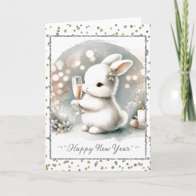 Tarjeta Feliz Año Nuevo Conejo de Invierno (Anverso)