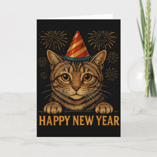Tarjeta Feliz Año Nuevo Divertido 2026 Gato Fisgón Noche d