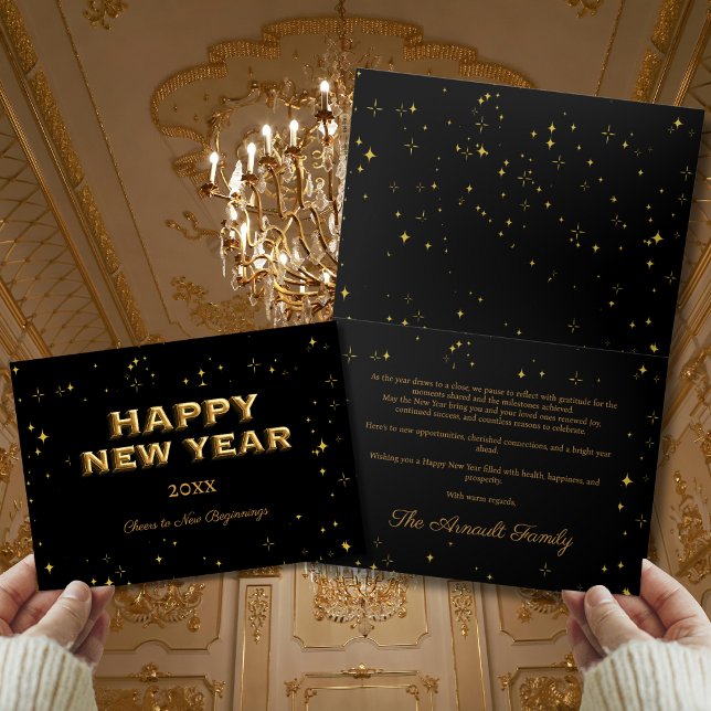 Tarjeta Feliz Año Nuevo Elegante Estrellas Negras y Oro (Subido por el creador)