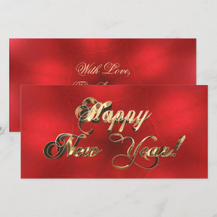 Tarjeta Feliz Año Nuevo Elegante Guión Rojo y Oro