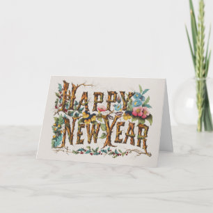 Tarjeta Feliz Año Nuevo en troncos de árboles, bellotas y 