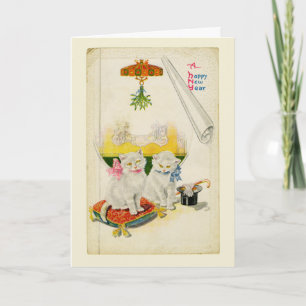 Tarjeta Feliz Año Nuevo Gato Blanco Elegante Vintage