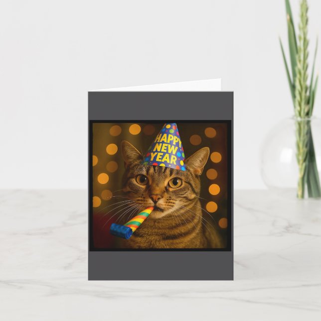 Tarjeta Feliz Año Nuevo Gato Divertido Sombrero de Fiesta  (Anverso)