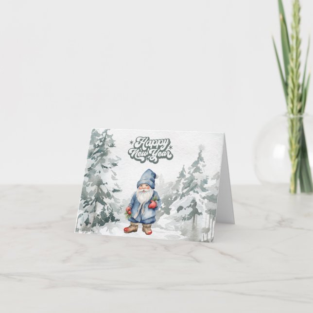 Tarjeta Feliz año nuevo Gnome acuarela en el bosque  (Anverso)
