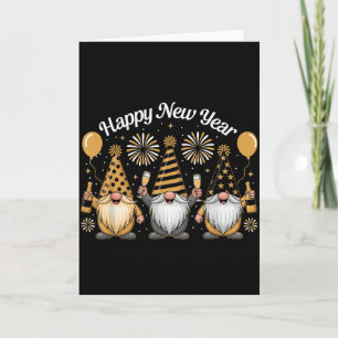Tarjeta Feliz Año Nuevo Gnome Confeti Fuegos Artificiales