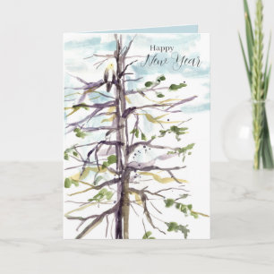Tarjeta Feliz Año Nuevo Halcón Árbol de Invierno Cielo de 