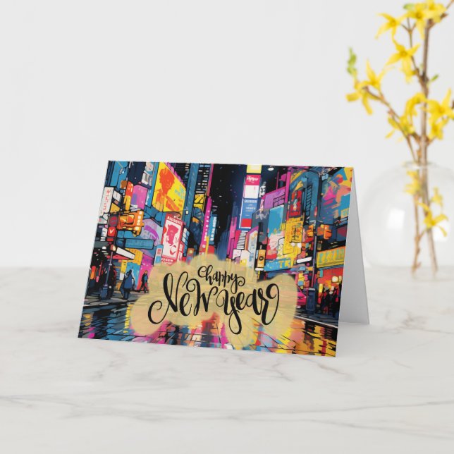 Tarjeta Feliz Año Nuevo, ilustracion de Nueva York, (flor amarilla)