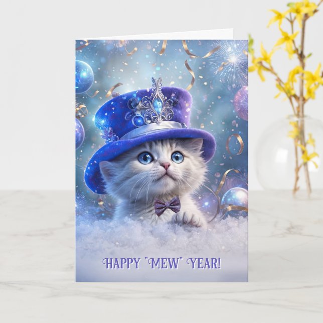 Tarjeta Feliz Año Nuevo lindo Gorra de gatito blanco grand (flor amarilla)